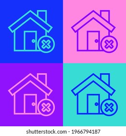 Pop art line House with wrong mark icon isolated on color background. Home and close, delete, remove symbol.  Vector Illustration