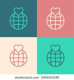 Pop art line Human hand holding Earth globe icon isolated on color background. Save earth concept.  Vector