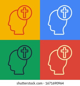 Pop art line Human head with christian cross icon isolated on color background.  Vector Illustration