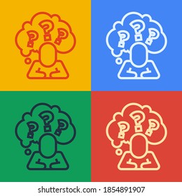 Pop art line Human head with question mark icon isolated on color background.  Vector