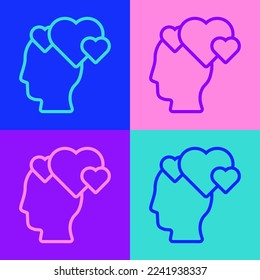Línea de arte pop Cabeza humana con icono del corazón aislado en el fondo del color. El concepto de amor con la cabeza humana.  Vector