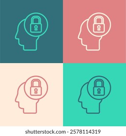 Pop art line Human head with lock icon isolated on color background.  Vector Illustration