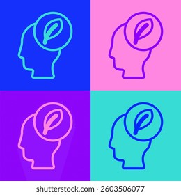 Pop art line Human head with leaf inside icon isolated on color background.  Vector