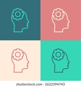 Pop art line Human head with gear inside icon isolated on color background. Artificial intelligence. Thinking brain. Symbol work of brain.  Vector