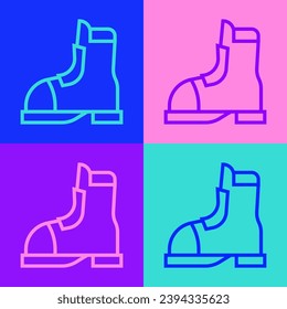 Pop art line Hunter boots icon isolated on color background.  Vector