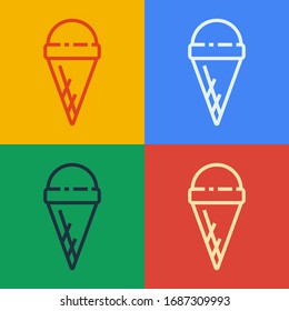 Pop art line Ice cream in waffle cone icon isolated on color background. Sweet symbol.  Vector Illustration