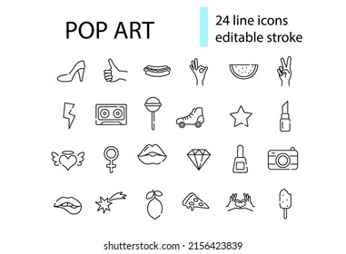 Pop art line icons bundle. Retro design. Hot dog, camera and hand poses. Heart and lips. Customizable line contour symbols set. Editable stroke. Isolated vector stock illustration