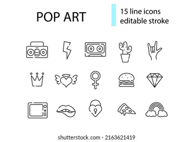 Pop art line icons set. Retro 1960s design. Woman lips, recorder and hand poses. Burger and pizza. Vector illustration