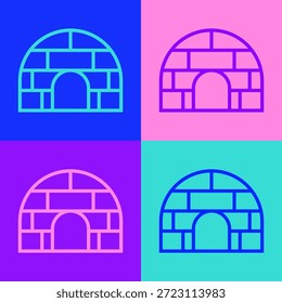 Icono de la casa de hielo del iglú de la línea de arte del Pop aislado en fondo del color. Casa de nieve, refugio de invierno en forma de cúpula esquimal, hecho de bloques.  Vector
