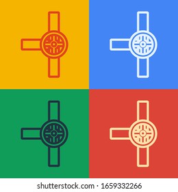 Pop art line Industry metallic pipes and valve icon isolated on color background.  Vector Illustration