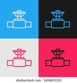 Pop art line Industry metallic pipe and valve icon isolated on color background.  Vector Illustration