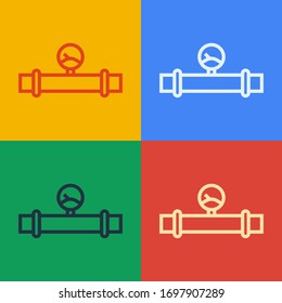 Pop art line Industry metallic pipe and manometer icon isolated on color background.  Vector Illustration