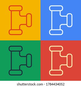 Pop art line Industry metallic pipe icon isolated on color background. Plumbing pipeline parts of different shapes.  Vector Illustration