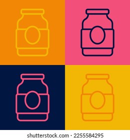 Pop art line Jam jar icon isolated on color background.  Vector