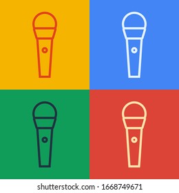 Pop art line Karaoke icon isolated on color background. Microphone and monitor.  Vector Illustration