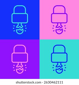 Pop art line Key broke inside of padlock icon isolated on color background. Padlock sign. Security, safety, protection, privacy concept.  Vector Illustration