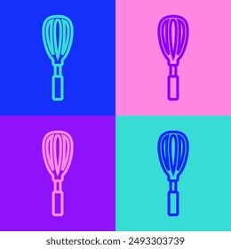 Pop art line Kitchen whisk icon isolated on color background. Cooking utensil, egg beater. Cutlery sign. Food mix symbol.  Vector Illustration