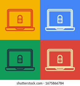 Pop art line Laptop and lock icon isolated on color background. Computer and padlock. Security, safety, protection concept. Safe internetwork.  Vector Illustration