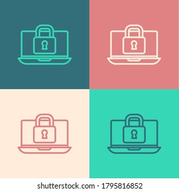 Pop art line Laptop and lock icon isolated on color background. Computer and padlock. Security, safety, protection concept. Safe internetwork. Vector