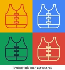 Pop art line Life jacket icon isolated on color background. Life vest icon. Extreme sport. Sport equipment.  Vector Illustration