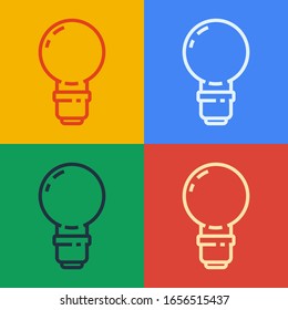 Pop art line Light bulb with concept of idea icon isolated on color background. Energy and idea symbol. Inspiration concept.  Vector Illustration