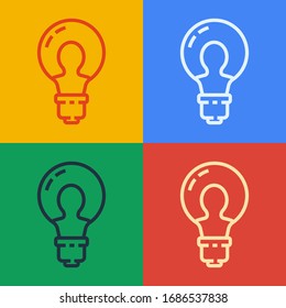 Pop art line Light bulb with concept of idea icon isolated on color background. Energy and idea symbol. Inspiration concept.  Vector Illustration