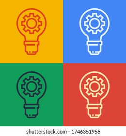 Pop art line Light bulb and gear icon isolated on color background. Innovation concept. Business idea.  Vector Illustration