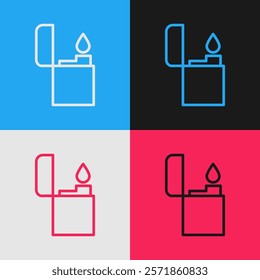 Pop art line Lighter icon isolated on color background.  Vector Illustration