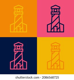 Pop art line Lighthouse icon isolated on color background.  Vector