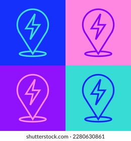 Pop art line Lightning bolt icon isolated on color background. Flash icon. Charge flash icon. Thunder bolt. Lighting strike.  Vector