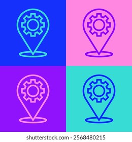 Pop art line Location with gear icon isolated on color background.  Vector Illustration