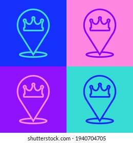 Pop art line Location king crown icon isolated on color background.  Vector