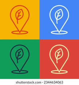 Pop art line Location with leaf icon isolated on color background. Eco energy concept. Alternative energy concept.  Vector