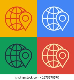 Pop art line Location on the globe icon isolated on color background. World or Earth sign.  Vector Illustration