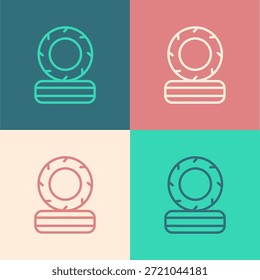 Línea de arte Pop Icono de neumáticos ardientes tumbado aislado en fondo de color.  Vector