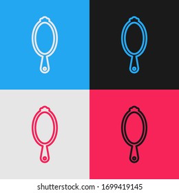 Pop art line Magic hand mirror icon isolated on color background.  Vector Illustration