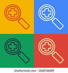 Pop art line Magnifying glass for search medical icon isolated on color background. Hospital search.  Vector Illustration