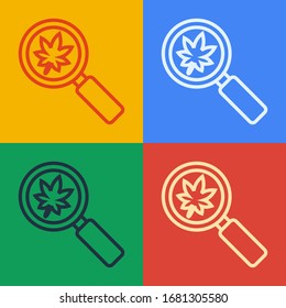 Pop art line Magnifying glass with leaf icon isolated on color background. Scientific biology, study nature leaf.  Vector Illustration