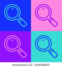 Pop art line Magnifying glass icon isolated on color background. Search, focus, zoom, business symbol.  Vector