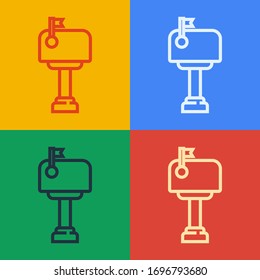 Icono del cuadro de correo de línea de arte pop aislado en el fondo de color. Icono de buzón. Postal de correo en el poste con la bandera. Ilustración vectorial