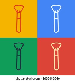 Pop art line Makeup brush icon isolated on color background.  Vector Illustration