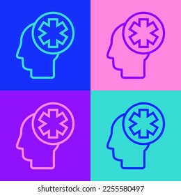 Pop art line Male head with hospital icon isolated on color background. Head with mental health, healthcare and medical sign.  Vector Illustration