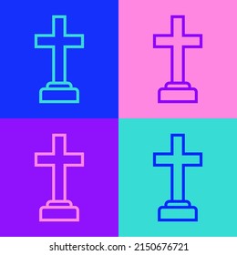 Pop art line Man graves funeral sorrow icon isolated on color background. The emotion of grief, sadness, sorrow, death.  Vector