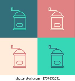 Pop art line Manual coffee grinder icon isolated on color background. Vector Illustration
