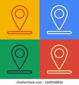 Pop art line Map pin icon isolated on color background. Navigation, pointer, location, map, gps, direction, place, compass, search concept.  Vector Illustration
