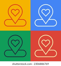 Pop art line Map pointer with heart icon isolated on color background. Valentines day. Love location. Romantic map pin.  Vector