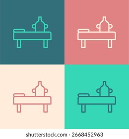 Pop art line Massage table with oil icon isolated on color background.  Vector