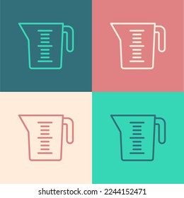 Línea de arte pop Cubo de medición para medir el ícono de comida seca y líquida aislado en el fondo del color. Un vaso de agua graduado de plástico con mango.  Vector