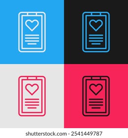 Pop art line Medical clipboard with clinical record icon isolated on color background. Prescription, medical check marks report.  Vector