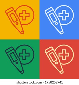 Pop art line Medical digital thermometer for medical examination icon isolated on color background.  Vector